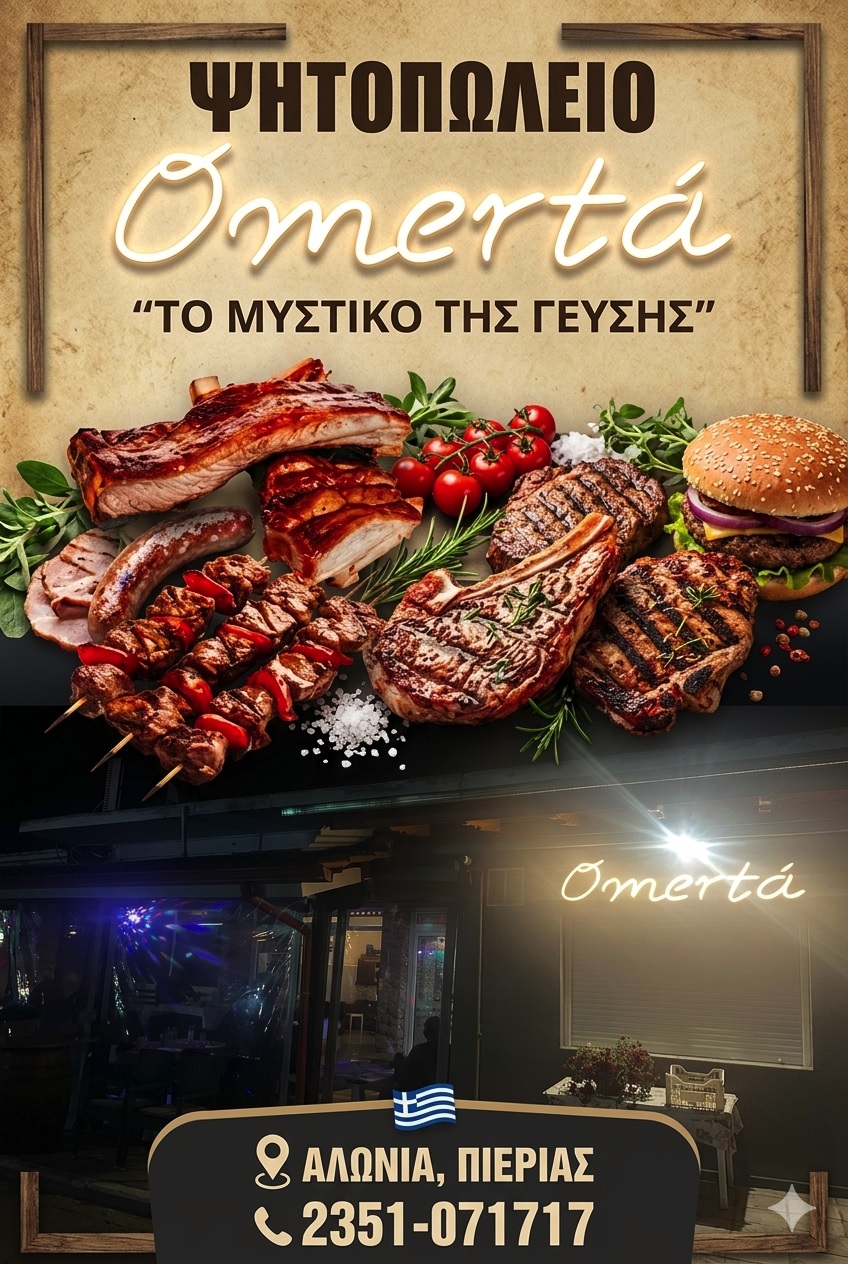 Φωτογραφία της Ψησταριάς Ομερτά με πινακίδα και επιλογές φαγητού
